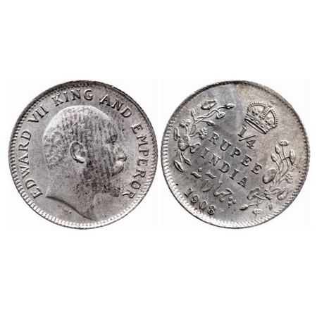 Edward VII, Silver, 1/4 Rupee, 1908, Calcutta Mint, No mint mark, Die rotation on Obv. GK 