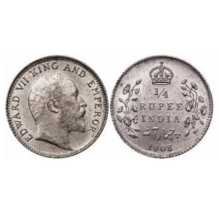 Edward VII, Silver, 1/4 Rupee, 1908, Calcutta Mint, No mint mark, Die crack on Obv and Rev