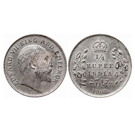 Edward VII, Silver, 1/4 Rupee, 1908, Calcutta Mint, No mint mark, Multiple die cracks on O