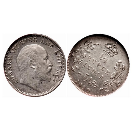 Edward VII, Silver, 1/4 Rupee, 1910, Calcutta Mint, No mint mark, Ghost on Rev, Die rotati