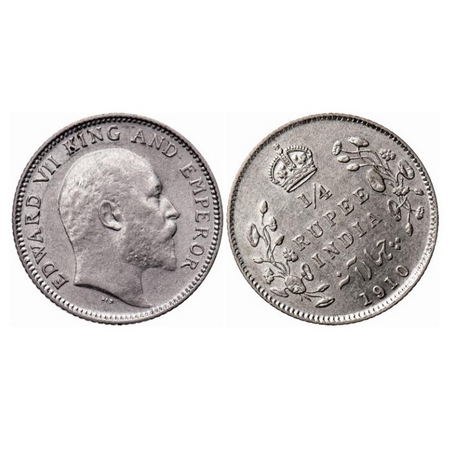 Edward VII, Silver, 1/4 Rupee, 1910, Calcutta Mint, No mint mark, 11 o'clock die rotation 