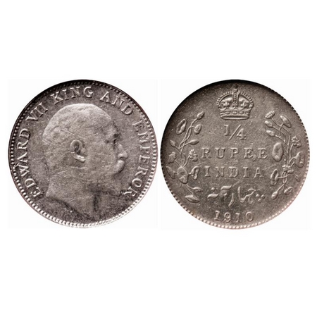 Edward VII, Silver, 1/4 Rupee, 1910, Bombay Mint, Dot. GK 979. NGS Slabbed AMS 55. Rare.