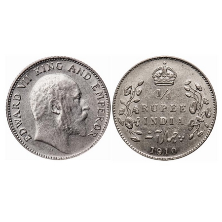 Edward VII, Silver, 1/4 Rupee, 1910, Bombay Mint, Dot, Die crack on Obv. GK 979. Extremely