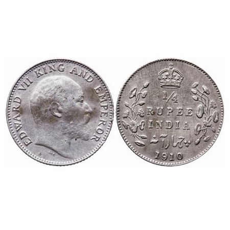 Edward VII, Silver, 1/4 Rupee, 1910, Bombay Mint, Dot. GK 979. About Extremely Fine, Clean