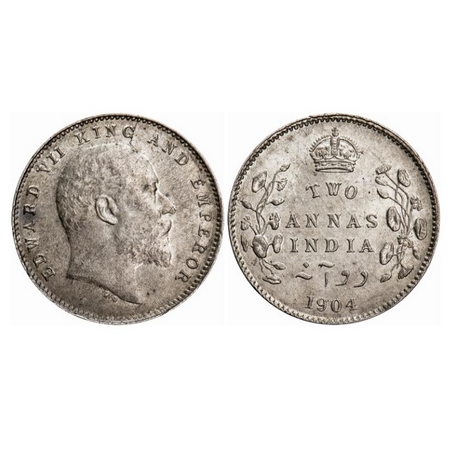 Edward VII, Silver, 2 Annas, 1904, Calcutta Mint, No mint mark. Die crack on Obv, Ghost on