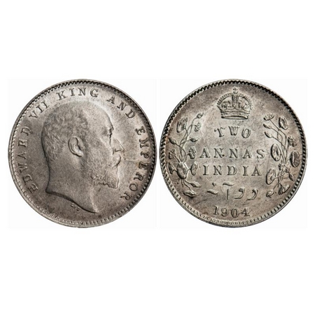 Edward VII, Silver, 2 Annas, 1904, Calcutta Mint, No mint mark, Ghost on Obv, Die crack on