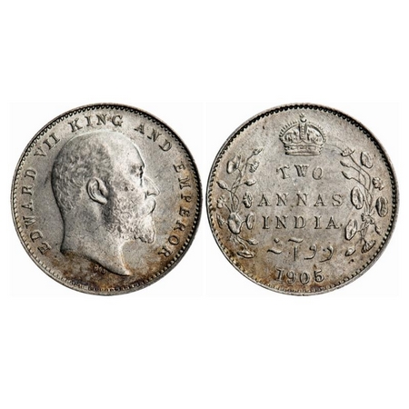 Edward VII, Silver, 2 Annas, 1905, Calcutta Mint, No mint mark, Ghost on Obv and Rev. GK 9