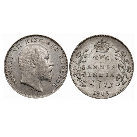 Edward VII, Silver, 2 Annas, 1906, Calcutta Mint, No mint mark, Ghost on Rev. GK 983. Unci
