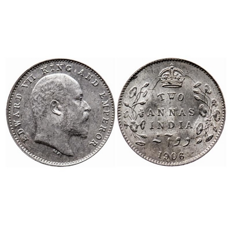Edward VII, Silver, 2 Annas, 1906, Calcutta Mint, No mint mark, Full head ghost on Rev, Di