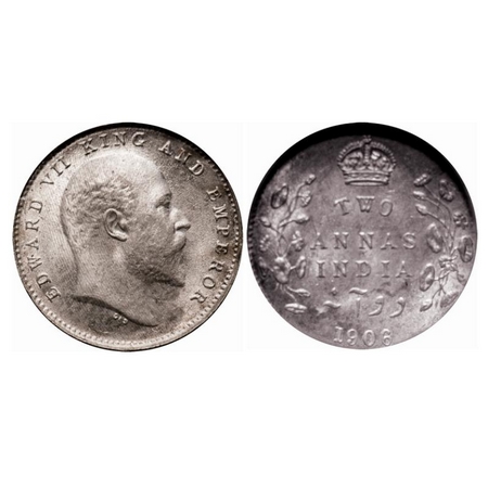 Edward VII, Silver, 2 Annas, 1906, Calcutta Mint, No mint mark, Ghost on Rev. GK 983. NGS 