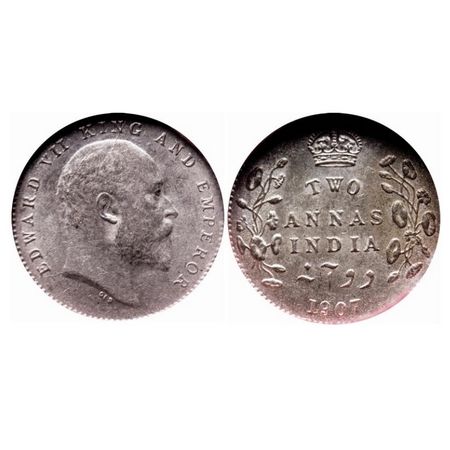 Edward VII, Silver, 2 Annas, 1907, Calcutta Mint, No mint mark, Die crack on Obv, With ori
