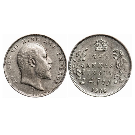 Edward VII, Silver, 2 Annas, 1908, Calcutta Mint, No mint mark, Ghost on Rev. Alphabet 'W'