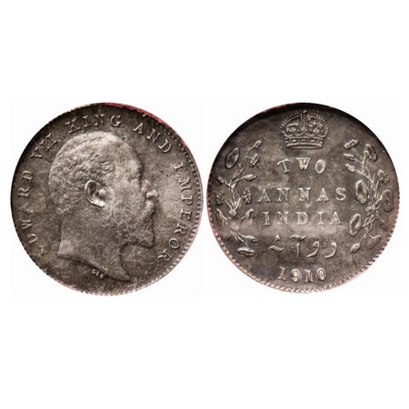 Edward VII, Silver, 2 Annas, 1910, Calcutta Mint, No mint mark. GK 987. NGS Slabbed AMS 58