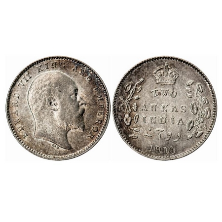 Edward VII, Silver, 2 Annas, 1910, Calcutta Mint, No mint mark. GK 987. Extremely Fine+. S