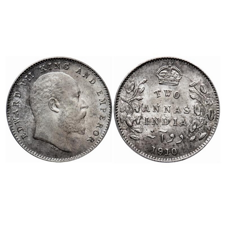 Edward VII, Silver, 2 Annas, 1910, Calcutta Mint, No mint mark, Die crack on Obv. GK 987. 