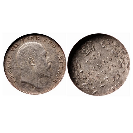 Edward VII, Silver, 2 Annas, 1910, Calcutta Mint, No mint mark, Die doubling of alphabets