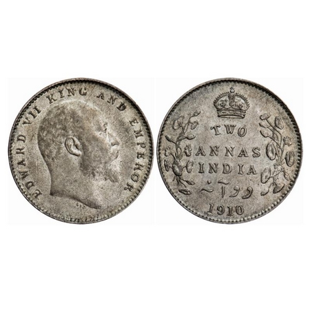 Edward VII, Silver, 2 Annas, 1910, Calcutta Mint, No mint mark. GK 987. Extremely Fine, To