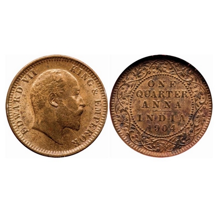 Edward VII, Copper, Quarter Anna, 1904, Calcutta Mint, No mint mark, Ghost on Rev, Die cra