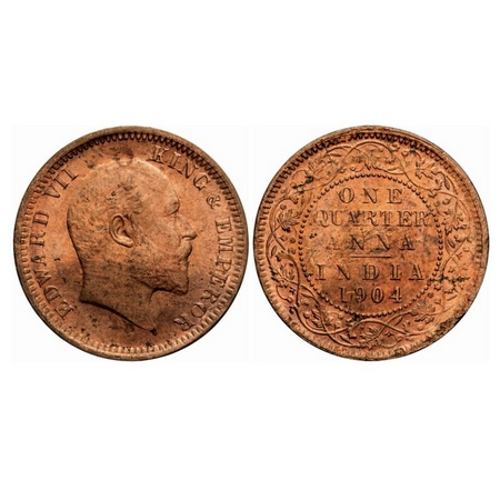 Edward VII, Copper, Quarter Anna, 1904, Calcutta Mint, No mint mark, Ghost on Rev, Die cra