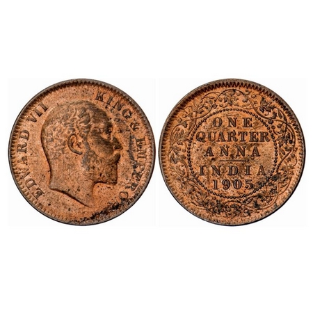 Edward VII, Copper, Quarter Anna, 1905, Calcutta Mint, No mint mark, Die cracks on Obv and