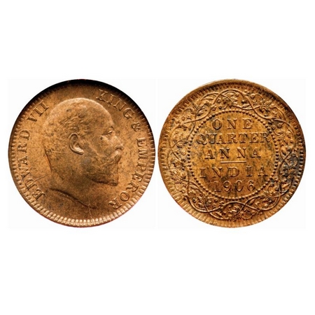 Edward VII, Copper, Quarter Anna, 1906, Calcutta Mint, No mint mark, Die crack on Obv and 