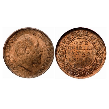 Edward VII, Copper, Quarter Anna, 1906, Calcutta Mint, No mint mark, Ghost on Obv and Rev,