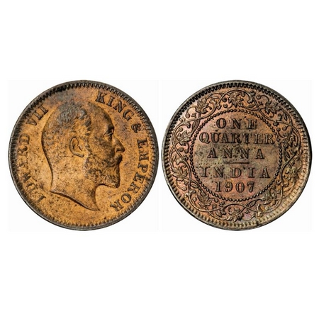 Edward VII, Bronze, Quarter Anna, 1907, Calcutta Mint, No mint mark. GK 999. Uncirculated,
