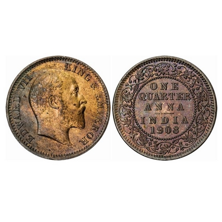 Edward VII, Bronze, Quarter Anna, 1908, Calcutta Mint, No mint mark. GK 1000. Uncirculated