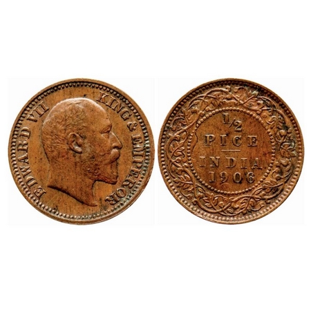 Edward VII, Copper, 1/2 Pice, 1906, Calcutta Mint, Ghost on Rev. GK 1006. About Uncirculat
