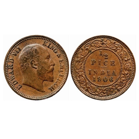 Edward VII, Copper, 1/2 Pice, 1906, Calcutta Mint, Die cracks on Obv. GK 1006. Almost Unci