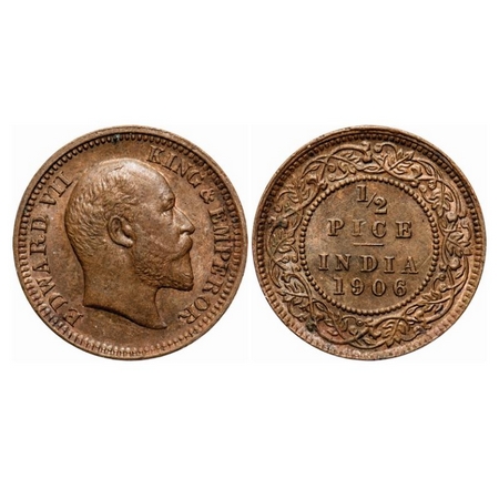 Edward VII, Copper, 1/2 Pice, 1906, Calcutta Mint, No mint mark, Die cracks on Obv, Ghost 