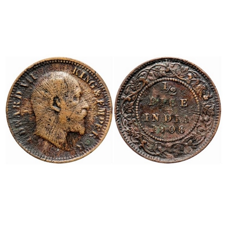 Edward VII, Bronze, 1/2 Pice, 1906, (2.58 g) Calcutta Mint, No mint mark, Sun burst Error.
