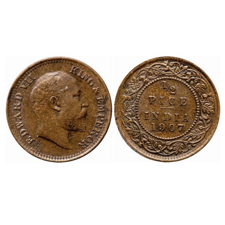 Edward VII, Bronze, 1/2 Pice, 1907, Ghost on Rev, Multiple die cracks on Obv. GK 1008. Unc