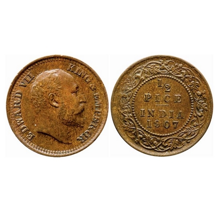 Edward VII, Bronze, 1/2 Pice, 1907, Ghost on Obv, Minor Die rotation on Rev. GK 1008. Unci