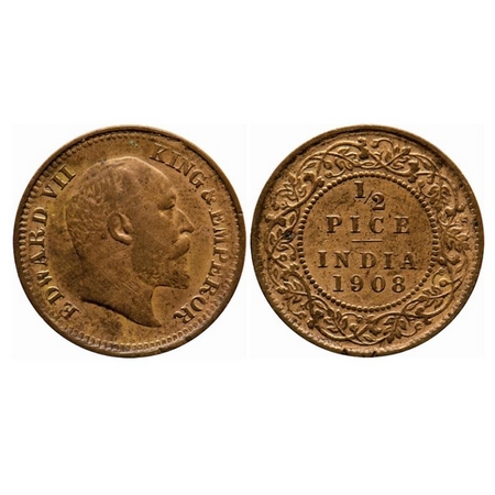 Edward VII, Bronze, 1/2 Pice, 1908, Calcutta Mint, No mint mark, Ghost on Rev, Alphabet 'O