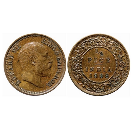 Edward VII, Bronze, 1/2 Pice, 1908, Ghost on Obv and Rev, Die cracks on Obv. GK 1009. Almo