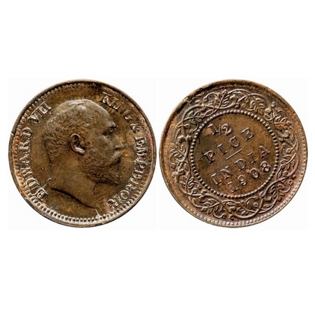 Edward VII, Bronze, 1/2 Pice, 1908, Die rotation on Rev, Die cracks on Obv, Ghost on Obv a