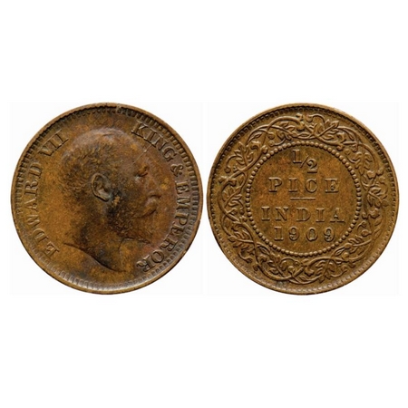 Edward VII, Bronze, 1/2 Pice, 1909, Calcutta Mint, No mint mark, Ghost on Obv, Multiple di