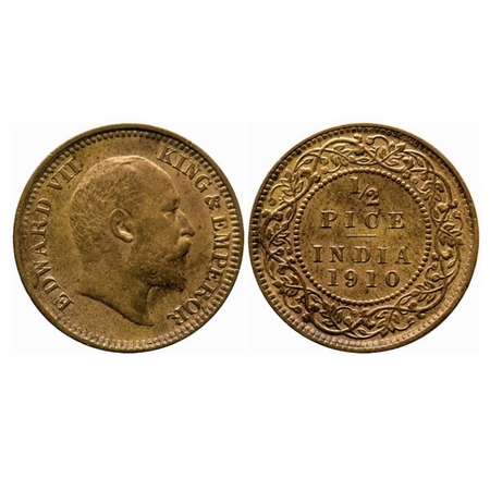 Edward VII, Bronze, 1/2 Pice, 1910, Calcutta Mint, No mint mark. GK 1011. About Uncirculat