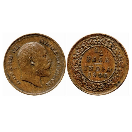 Edward VII, Bronze, 1/2 Pice, 1910, Calcutta Mint, No mint mark. GK 1011. About Uncirculat