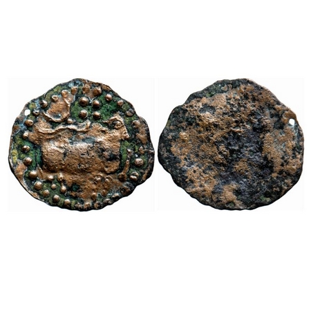 Pallavas of Kanchi, Potin Unit, 1.81g, Obv: Bull walking to right above srivatsa & crescen