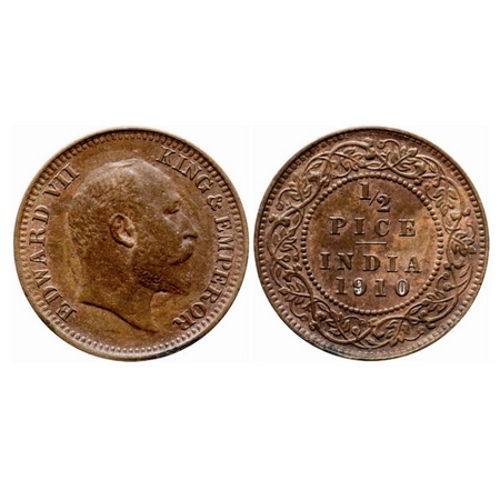 Edward VII, Bronze, 1/2 Pice, 1910, Calcutta Mint, No mint mark, Ghost on Obv and Rev, Die