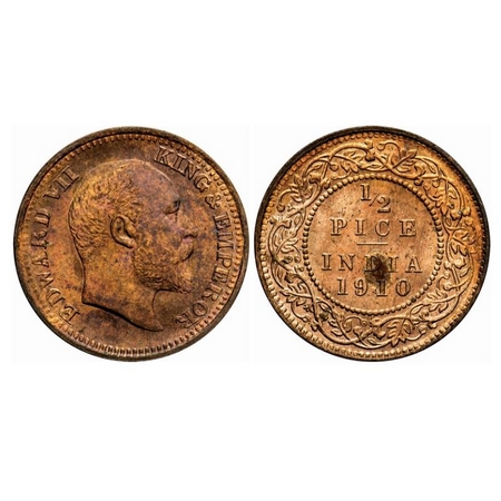 Edward VII, Bronze, 1/2 Pice, 1910, Calcutta Mint, No mint mark. GK 1011. Uncirculated, De