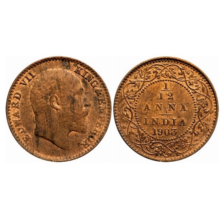 Edward VII, Copper, 1/12 Anna, 1903, Calcutta Mint, No mint mark. GK 1012. About Uncircula
