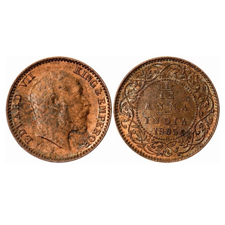 Edward VII, Copper, 1/12 Anna, 1905, Calcutta Mint, No mint mark, Ghost on Obv. GK 1014. U