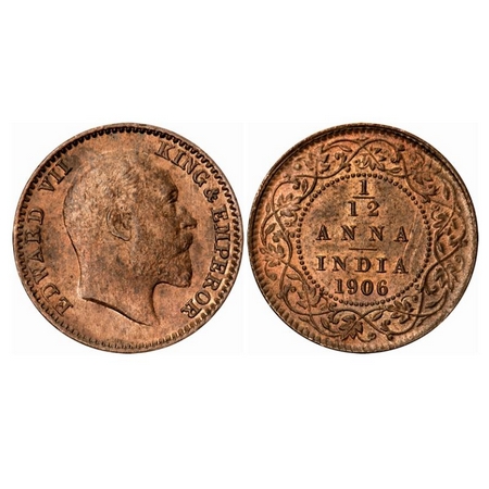 Edward VII, Copper, 2.13 gm, 1/12 Anna, 1906, Calcutta Mint, No mint mark, Ghost on Rev. G