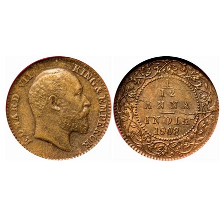 Edward VII, Bronze, 1/12 Anna, 1908, Calcutta Mint, No mint mark, Multiple die cracks on O