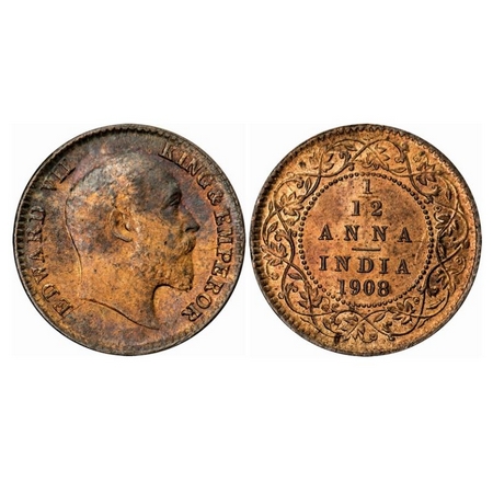 Edward VII, Bronze, 1/12 Anna, 1908, Calcutta Mint, No mint mark, Ghost on Rev, Multiple d