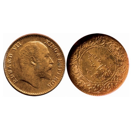 Edward VII, Bronze, 1/12 Anna, 1908, Calcutta Mint, No mint mark, Multiple die cracks on O