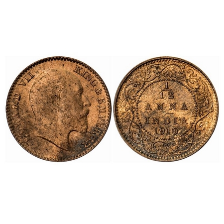Edward VII, Bronze, 1/12 Anna, 1910, Calcutta Mint, No mint mark, Ghost on Obv. GK 1020. U